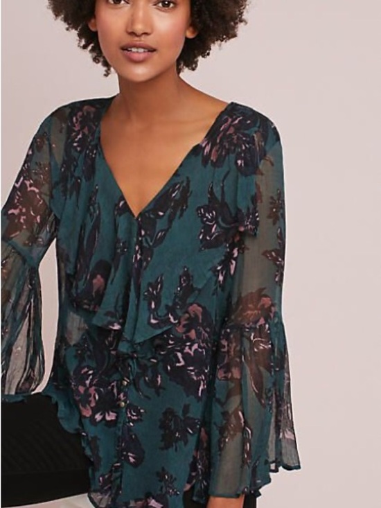 Anthropologie Tops - EUC Anthropologie Feather & Bone Sheer Floral V-Neck Bell Sleeve Top Size XXS